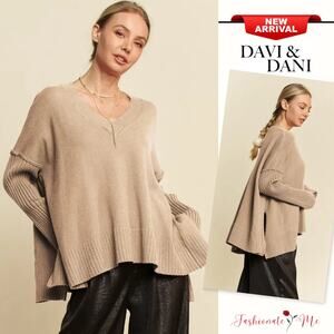 Davi & Dani Ribbed Side Slit V-Neck Long Sleeves Oversized Sweater | Tan